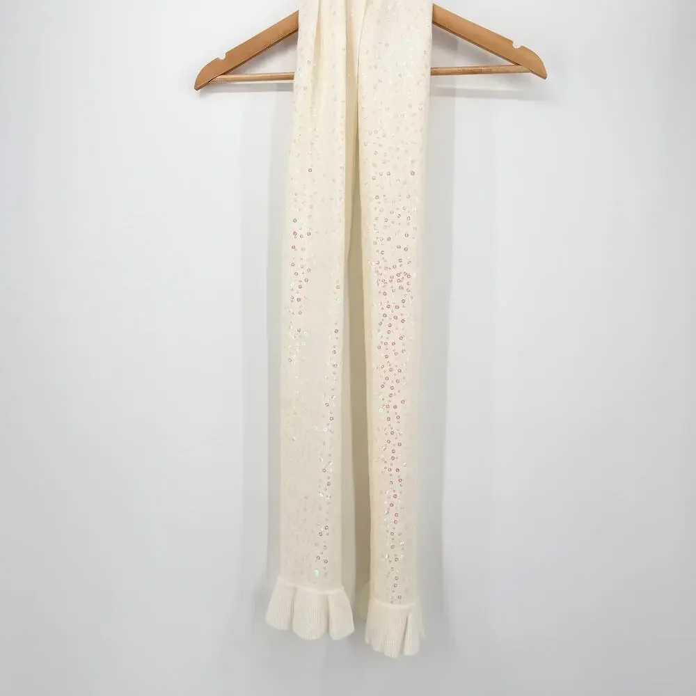 Cream Sequin Knit Scarf Soft Sparkle Ruffle Fringe Winter Wrap Cozy Ivory